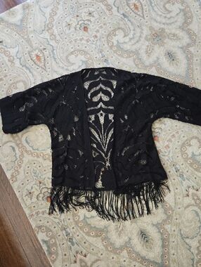 Zara Black Lace Fringe Open-Front Kimono Cover M